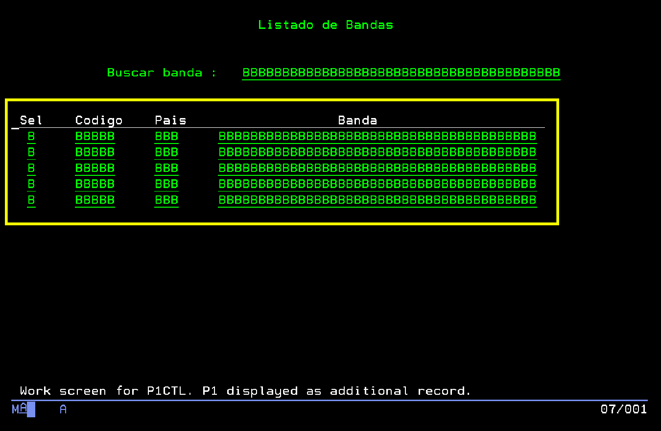 En el recuadro amarillo se muestra la parte de P1 (subfile/planilla)